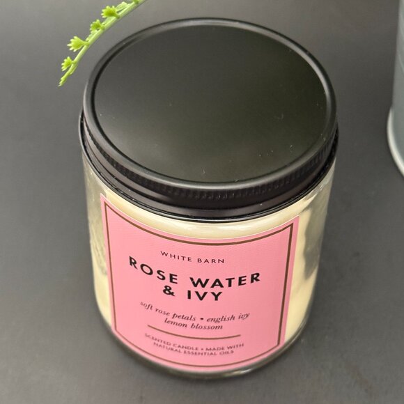 BBW Rose Water & Ivy White Barn Bath & Body Works Mason Jar Single Wick Candle - Picture 4 of 10
